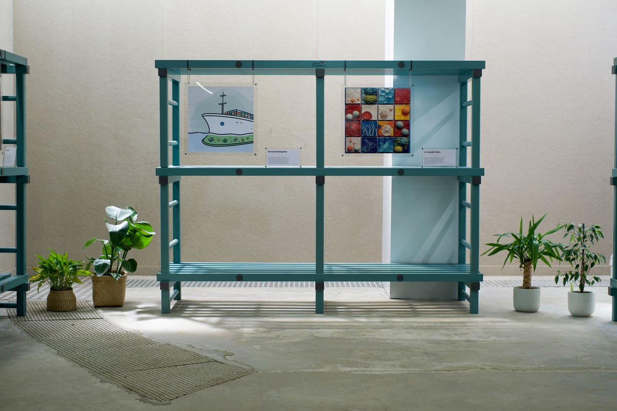 image of a shelf containing works of art inspired by the ocean, plants on either side