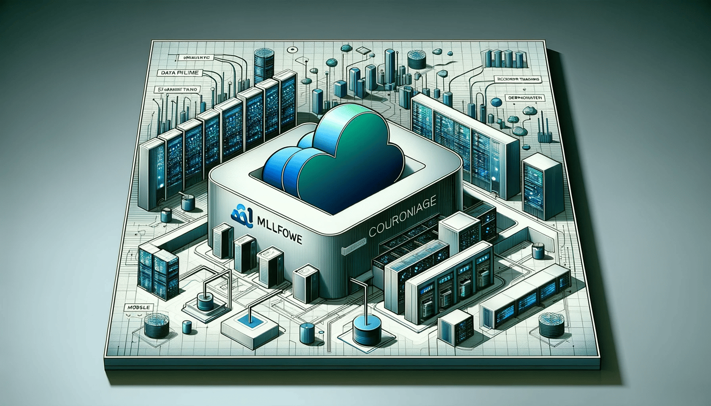 DALL·E 2024-01-22 16.03.41 - A panoramic digital artwork with enhanced emphasis on the MLflow aspect, depicting the concept of MLflow Cloud Secure Storage. In the center, feature