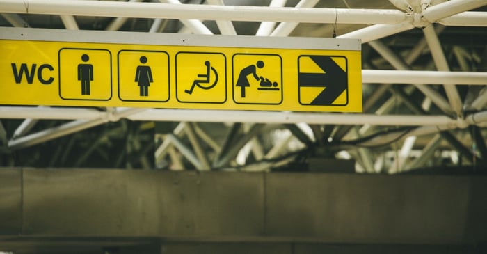 Yellow indoor toilet sign shows a right pointing arrow with a baby changing symbol, disabled access symbol, and man and woman symbols